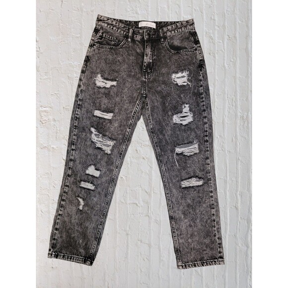 KanCan Mid Rise Straight Leg Jeans Size 5/26 Black Acid Wash Distressed Cropped - Picture 2 of 11